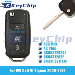 폭스바겐 호환 골프 VI 티구안 2009-2012용 키칩 프로 3버튼 스마트 호환 플립 키 키리스 433M 호환Hz 48칩