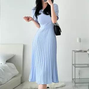 [시즌오프]봄 여름 블루 옐로우 퍼프 소매 플리츠 롱원피스_5