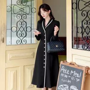 시크라인 (~XXL까지) 앤드로 배색 숄카라 셔링 소매 플레어 원피스 봄,가을 하객룩 오피스룩 격식룩 롱원피