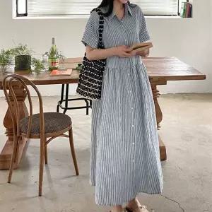 [하프클럽/]시어서커 코튼 스트라이프 셔츠 롱원피스 빅카라 단추