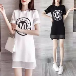 영문 프린팅 포인트 소매 밑단 망사 날씬핏 원피스