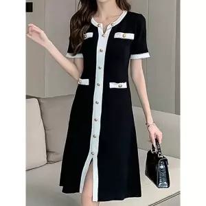 [예쎄] 트임넥 체인장식 배색 니트원피스(S5MOP141A)