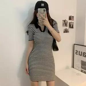 [신세계라이브쇼핑][옷자락] 여자 여름 카라 단가라 니트 반팔 미니 원피스