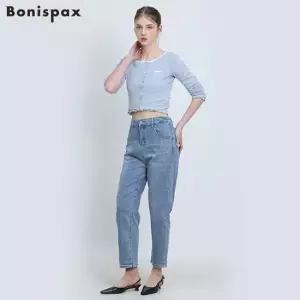 보니스팍스 스크래치 일자핏 밴딩 데님팬츠