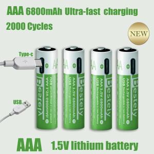 Type-C AAA 6800mAh 충전식 배터리 USB 1.5V 리튬 대용량 마우스 지문 잠금 핸들은 신속하게 가능