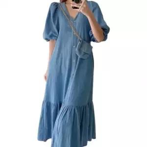 친절한탄씨 썸머 데님라이크 롱드레스 퍼프소매숏티 브이칼라 클로징 캐주얼 청원피스 CLBA1069