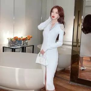 니트 치마 원피스 여사친 봄가을 트임 시스루 레이스이너 OP3