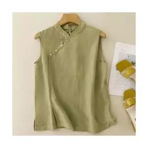 여성 블라우스 여름 면 린넨 나시 슬리브리스 셔츠 톱 OP2