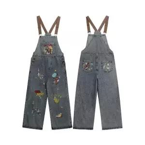 남친 데님 빈티지 와이드핏 청바지 워싱 캐릭터 미키자수 멜빵바지 점프슈트 커플 KS1