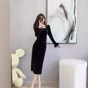 엘럽 원피스 치마 여친 검정 가을 빈티지 프렌치 랩 절개 벨벳 주름 박템3