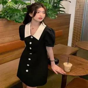 여성 블랙 여름 반팔 배색 카라 퍼프소매 미니 원피스