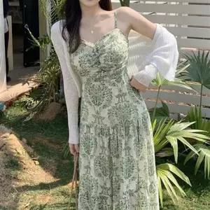 에스닉패턴 셔링 쉬폰 끈나시 캉캉 롱원피스 러블리룩