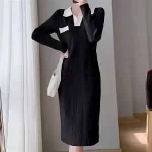 화이트 카라 배색 니트 롱원피스 세로 라인 원피스