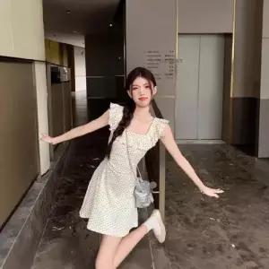 무천도사 스커트 원피스 여성 여친 도트 슬림핏 쉬폰 소매 러플 KKE1