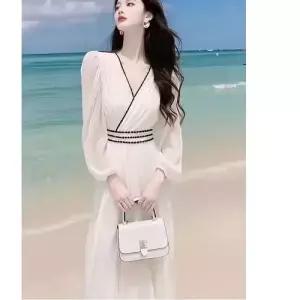 무천도사 여사친 여성용 원피스 치마 가을 캐주얼 쉬폰 슬림핏 럭셔리 브이넥 해변 바캉스 KKE3