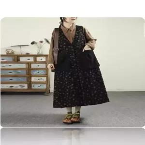 여친 스커트 원피스 청 빈티지 중기장 프린트 포켓 A라인 워싱 나시 브이넥 OP1