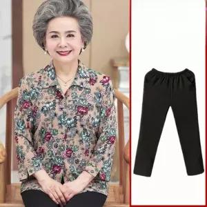 꽃무늬블라우스 엄마 할머니 중년여성 시원한 플라워 긴팔 오는정패션 잔치복 봄옷 핑크 연꽃 셔츠+블랙 바