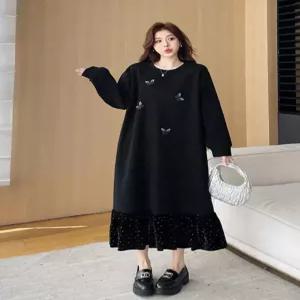 벨벳 롱원피스 플러스사이즈 장식 하객룩 블랙 L