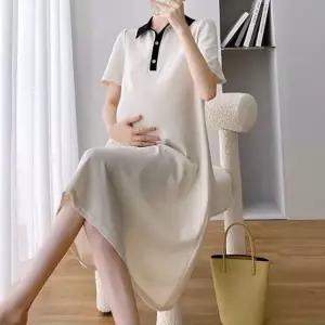 쌍문상회 지금 필요한 배색카라 원피스 미디움 임산부 베이직 반팔 일상복