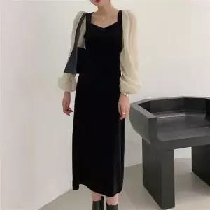벨벳 롱원피스 시스루 배색소매 긴팔 하객룩 데이트룩