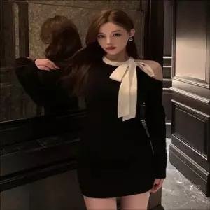 원피스 홀터넥 여자 숏 리본 슬림핏 미니 오프숄더