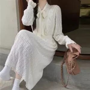 기모 레이스 원피스 양프릴 소매 허리 스모크밴딩