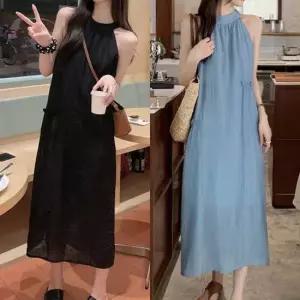 홀터넥 셔링 롱원피스 민소매 루즈핏 바캉스룩 데일리