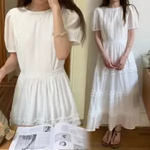 옷자락 여자 라운드넥 퍼프소매 캉캉 프릴 맥시 롱원피스