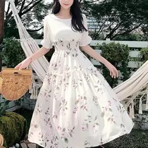 [옷자락]여자 여름 데일리룩 플라워 스모크 허리 밴딩 미디 원피스