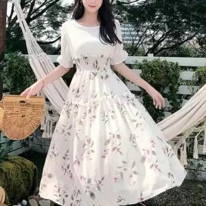 [옷자락]여자 여름 데일리룩 플라워 스모크 허리 밴딩 미디 원피스