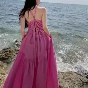 여성 셔링 홀터넥 여름 바캉스 민소매 롱 프릴 원피스