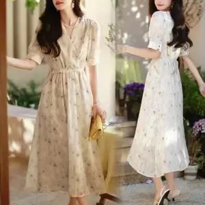 [하프클럽/옷자락]여자 브이넥 퍼프소매 플라워 랩 쉬폰 원피스