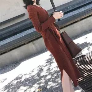 리본벨티드 롱원피스 골지 니트 캐주얼 직장인 패션