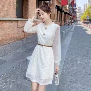 옷자락 여자 라운드넥 시스루 소매 레이스 미니 원피스