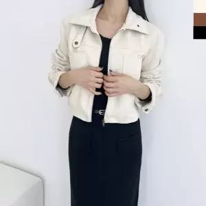 옷자락 여자 슬림핏 카라넥 지퍼 포켓 고급스러운 스웨이드 크롭 라이더 자켓