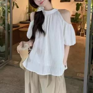 [옷자락]여자 루즈핏 홀터넥 어깨트임 뒷리본 세로주름 퍼프소매 블라우스