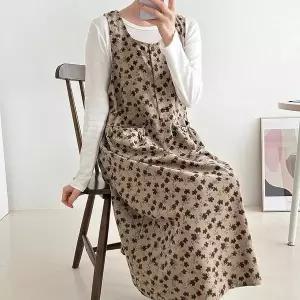 [하프클럽/옷자락]여자 플라워 셔링포켓 버튼 나시 면 골덴 롱원피스