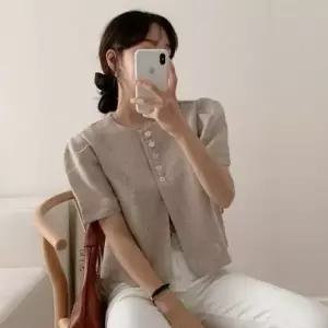 쥬디제이 단추 린넨자켓 여름자켓 여성여름자켓 여자 크롭 라운드 자켓 재킷 노카라 반팔 여성 여름