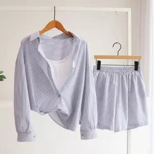 [잇수다] (SET) 라옹 스트라이프 루즈핏 카라 셔츠 + 밴딩 반바지 투피스 세트