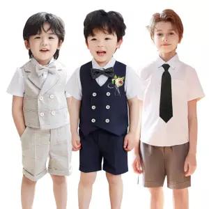 남아 정장 세트 주니어 키즈 결혼식 반팔셔츠 조끼 반바지 턱시도 보타이 포함