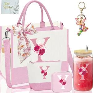 하트 어머니의 날 선물 여성을 위한 생일 이니셜 캔버스 토트백 맞춤 빨대가 포함된 16온스 유리컵 보석