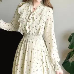 [라일리여성의류] Rly 여성 긴팔 쉬폰 리본 프릴 롱 플라워 꽃무늬 원