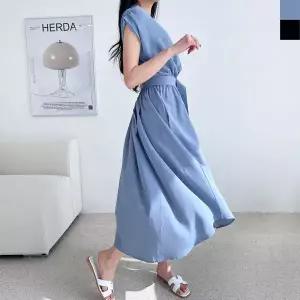 [하프클럽/]여자 봄 여름 데일리 캡소매 벨티드 셔링 롱원피스