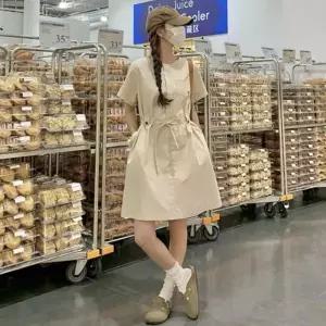 [하프클럽/]여자 라운드넥 반팔 허리스트링 원피스