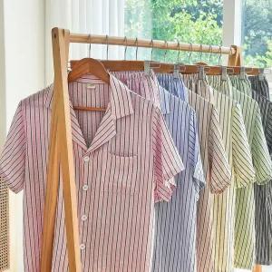 커플 남여공용 스트라이프 카라 파자마 상하세트 반팔 반바지 남성 여성 수면 잠옷