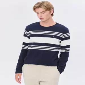 헤지스 남성 24FW [클리어런스][스테디셀러] 네이비 스트라이프배색 면 긴팔티셔츠 WHTS4C341N2