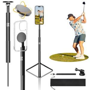 골프 모노포드 스틱 스윙 폰 홀더 46인치 마그네틱 알루미늄 합금 셀카 트라이 레그 삼각대 베이스 스파이크 스테이킹 마운트 호환 가능한 아이폰호환 카메라 Magsafe 트레이닝 보조 도구