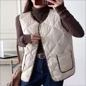 여성 누빔 배색 마름모 퀼팅 패딩조끼 겨울 레이어드 2색