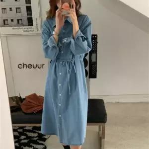 [하프클럽/옷자락]여자 루즈핏 허리스트링 카라 버튼 데님 롱원피스