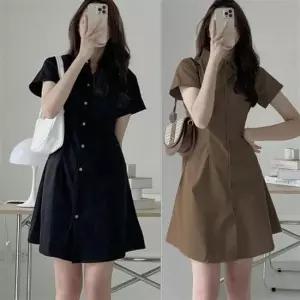 여자 미니 슬림 스타일 단추 카라 반팔 짧은 원피스 청바지 스원피스 레이